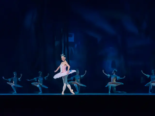 The image shows a ballerina in a pink tutu and pointes gracefully dancing on a stage, surrounded by...