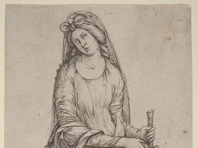 The image shows a drawing of a woman standing with a staff in her hand. She has a gentle expression...