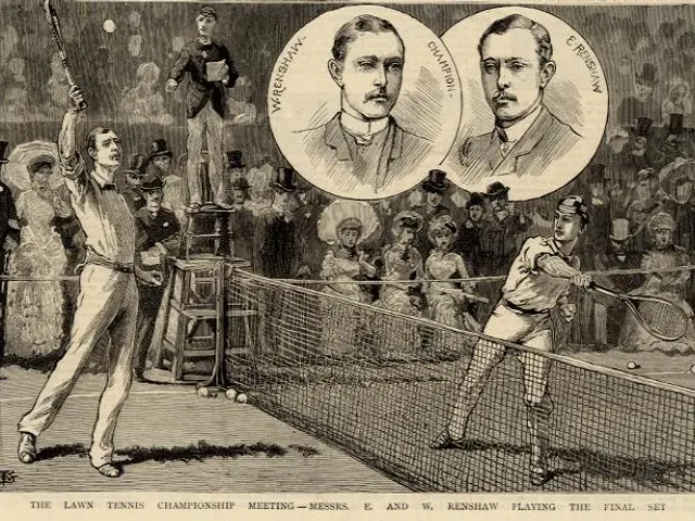 The image shows a black and white drawing of two men playing tennis on a court, with a net in the...