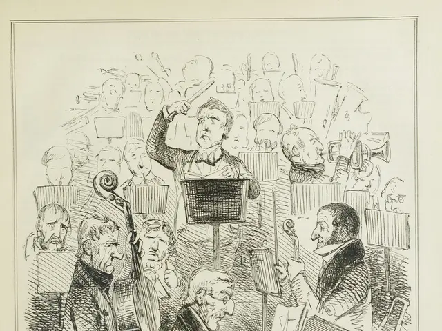 The image shows a paper with a drawing of a group of people playing musical instruments, with the...