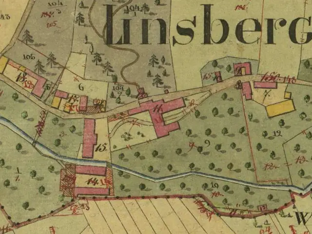 The image shows an old map of the city of Linsberg, Germany, with trees, buildings, and text. It is...