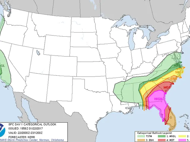 The image shows a map of the United States with different colors indicating the average snowfall...
