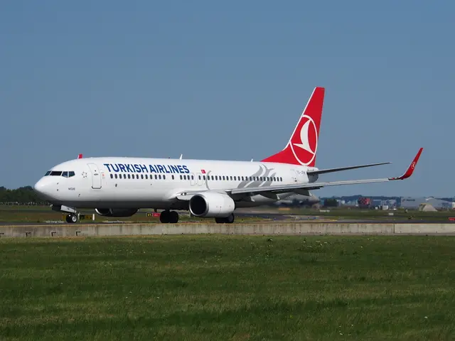 The image shows a Turkish Airlines Airbus A320-200 on the runway surrounded by grass, a wall, a...