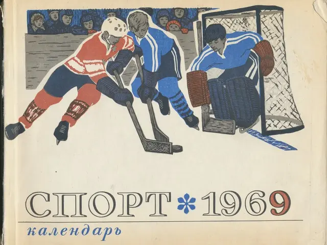 The image shows a book with a picture of a group of people playing hockey on it. The people in the...