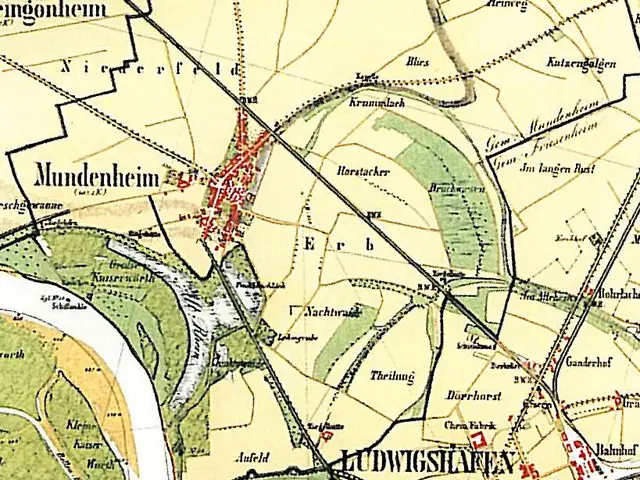 The image shows an old map of the city of Ludwigschaften, Germany, with text indicating the...