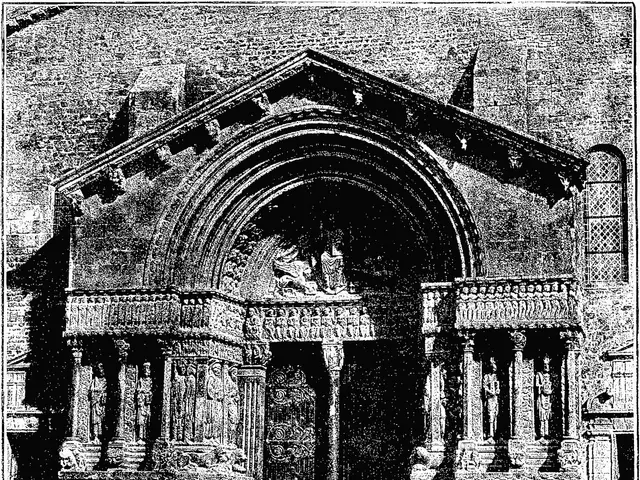 The image shows a black and white drawing of a building with columns, which appears to be a...