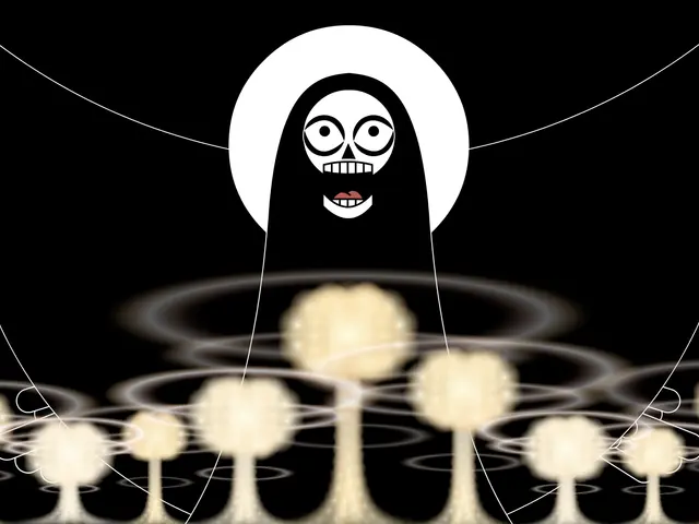 The image shows an animated cartoon of a person in a black and white outfit with their arms...