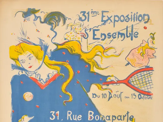 The image shows a poster advertising a tennis match with a woman holding a racket. The poster has...