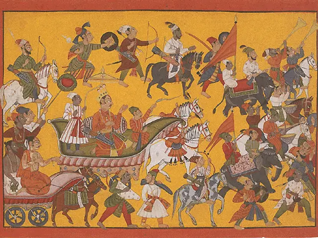 The image shows a painting of a group of people riding horses and carts, with some of them holding...