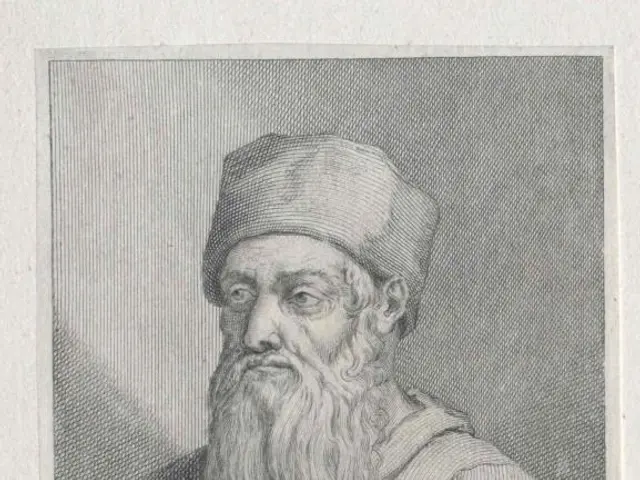 The image shows a black and white portrait of Paolo Vcccello Pittore, a man with a long beard and a...