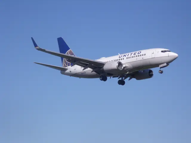 The image shows a United Airlines Boeing 737-800 in flight, with its white and blue livery standing...