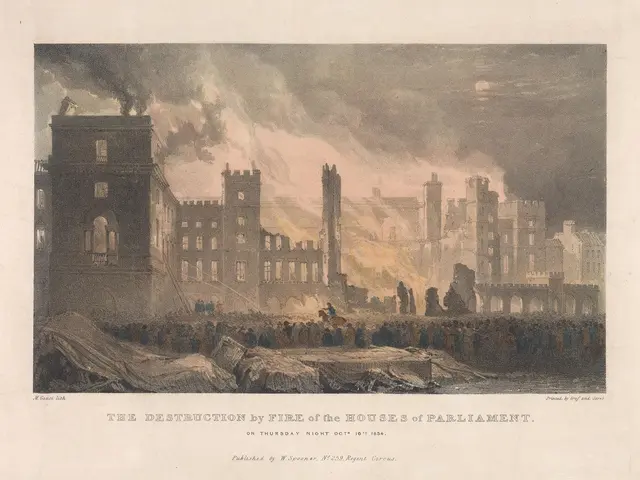 The image shows a poster depicting the destruction of the houses of parliament on Thursday night,...
