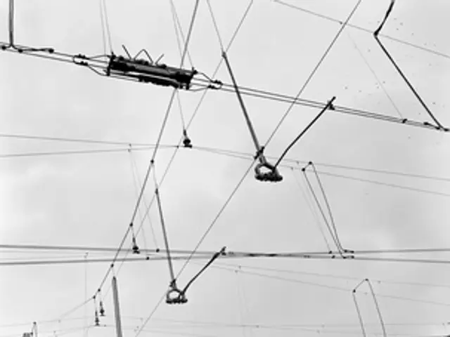 The image shows a black and white photo of a high voltage power line, with a number of poles and...