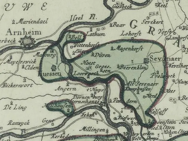 The image shows an old map of the city of Arnheim, Germany, with text written on it. The map is...