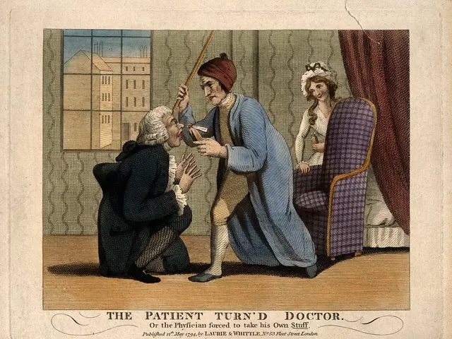 The image shows a man and a woman sitting on a chair, with the man holding a stick in his hand. In...