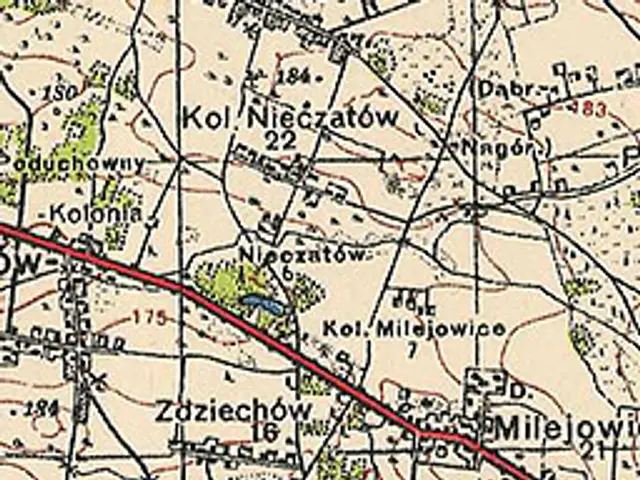 The image shows an old map of the city of Bielicha, Poland, with a red line indicating the route of...