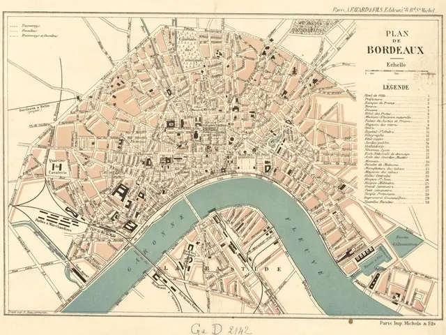 The image shows an old map of the city of Bordeaux, France, with a river running through it. The...