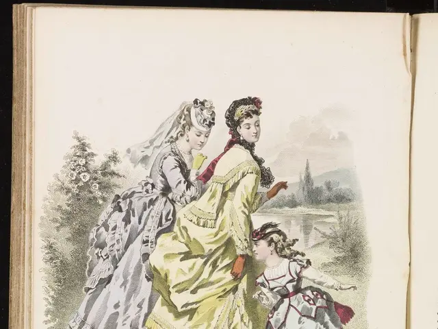 The image shows an open book with a drawing of three women in dresses and a child standing in front...