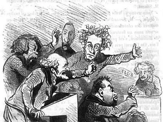 The image shows a black and white cartoon of a group of people in a courtroom, with one person...