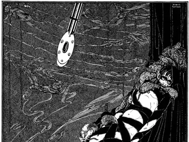 The image shows a black and white illustration of a woman laying on a bed, with an object in the...