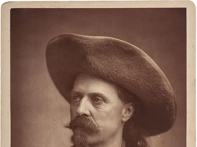 The image shows an old photo of Colonel W.F. Cody, a Buffalo Bill, wearing a cowboy hat.