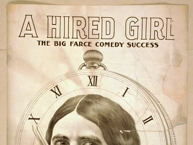 The image shows a poster of a person with a clock in the background and the words "A Hired Girl:...