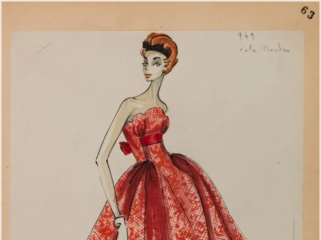 The image shows a drawing of a woman wearing a red dress designed by Jola Moules in the 1950s. The...