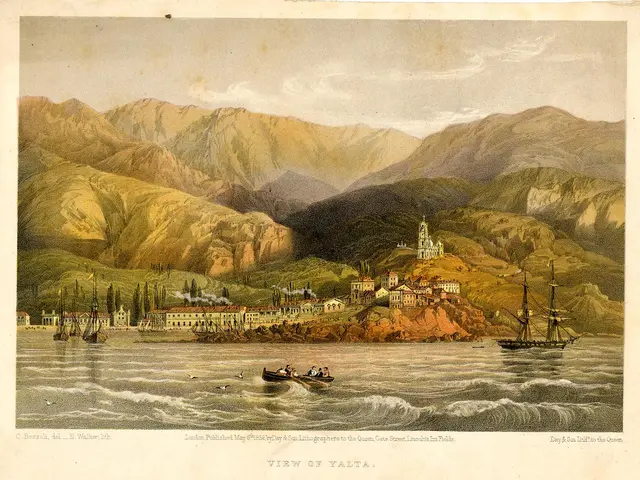 The image shows a view of Yalta, with boats on the water, people in the boats, buildings, trees,...