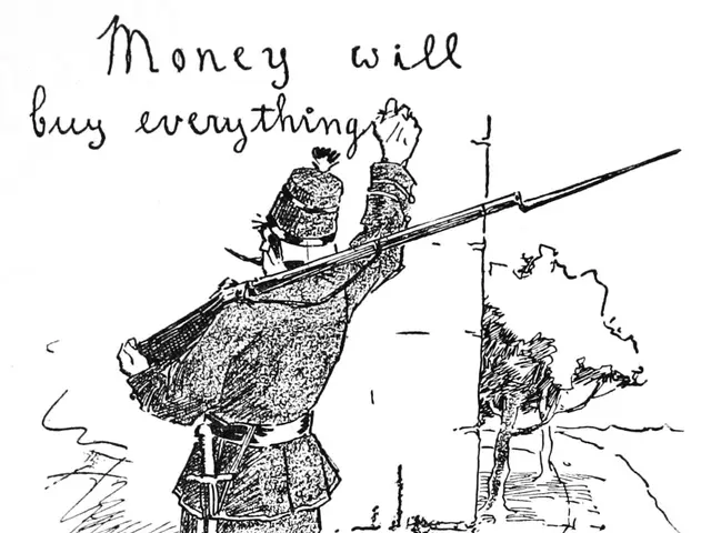The image shows a man standing and holding a stick in his hand, with the words "Money will buy...