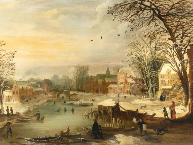 The image shows a winter landscape with a village in the background. We can see a group of people...