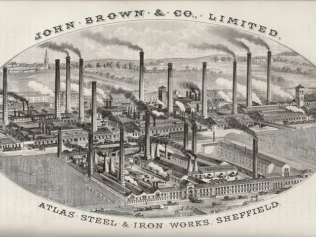 The image shows an engraving of a factory with smoke billowing out of its chimneys, surrounded by...