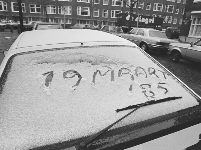 The image shows a black and white scene of a car covered in snow with the words "19 March 1985"...