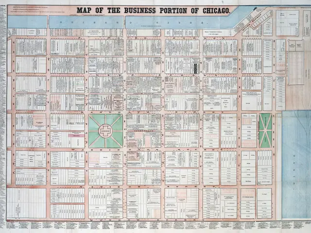 The image shows a map of the business portion of Chicago, with text detailing the various streets,...