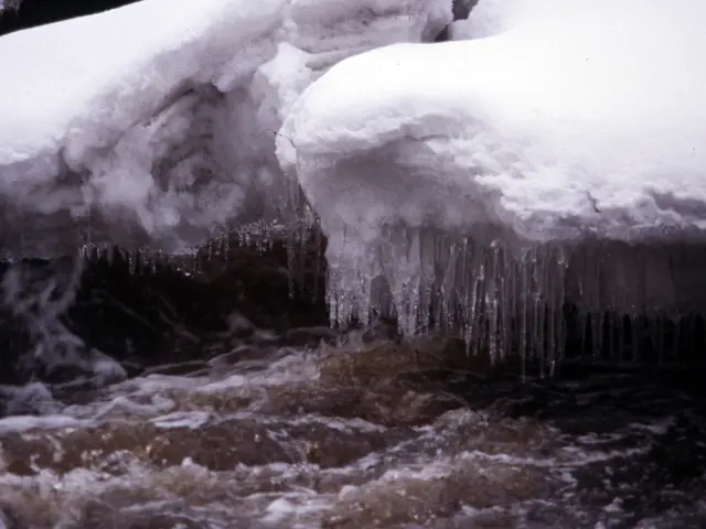 The image shows a river with snow on the ground and icicles hanging from the side of it. The water...