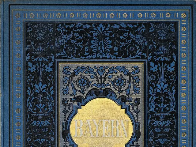 The image shows a blue and gold book with the word "Bayern" written on it. The cover of the book is...