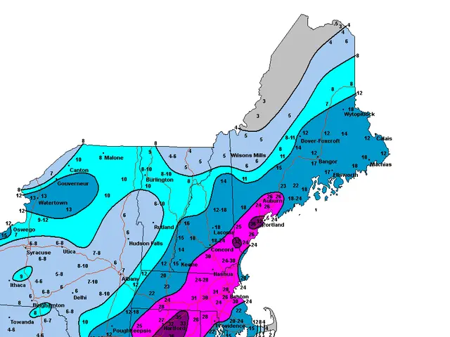 The image shows a map of the United States with different colors indicating the average snowfall...