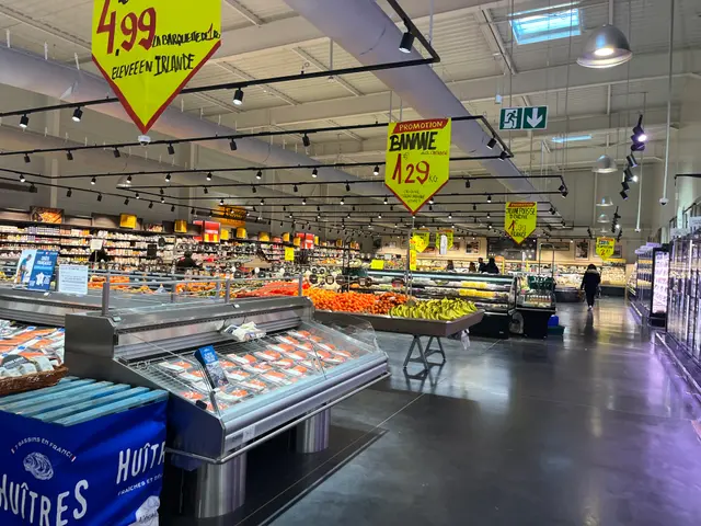 The image shows a grocery store filled with lots of different types of food, including fruits,...