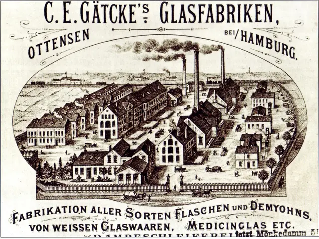 The image shows an old advertisement for C.E. Gatcke's Glasfabrikken in Hamburg, Germany. It...