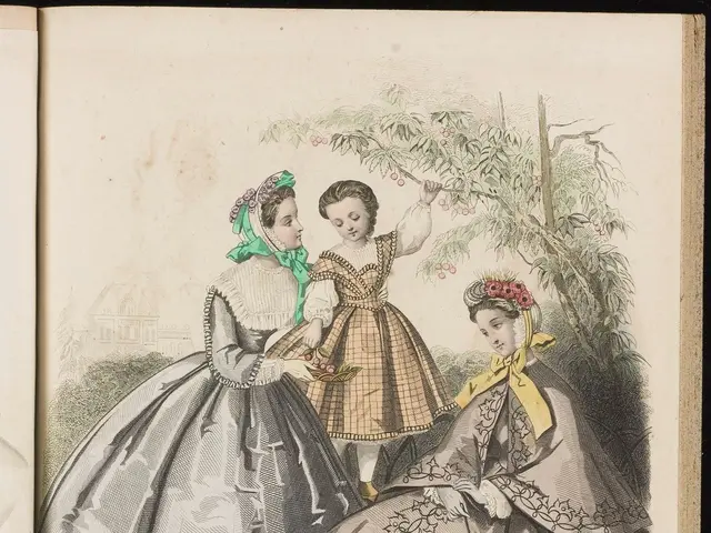 The image shows an open book with a drawing of three women in dresses, one of whom is holding an...