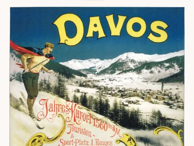 The image shows a vintage poster advertising the Davos ski resort in Switzerland. It features a...