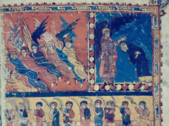 The image shows an illuminated manuscript with a painting of a group of people on it. The painting...