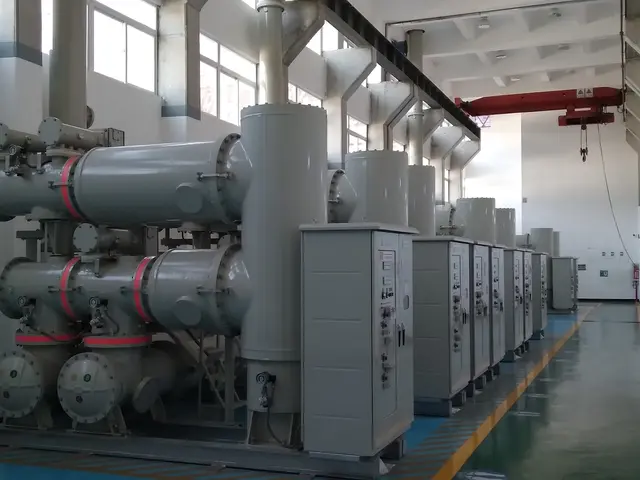 The image shows a large room filled with lots of pipes and valves, as well as machines on the...