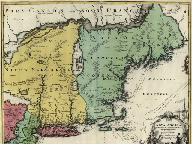 The image shows a poster of a map of Nova Scotia, Canada, with text and pictures of people. The map...