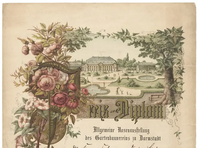 The image shows an old document with a picture of a building in the background, surrounded by...