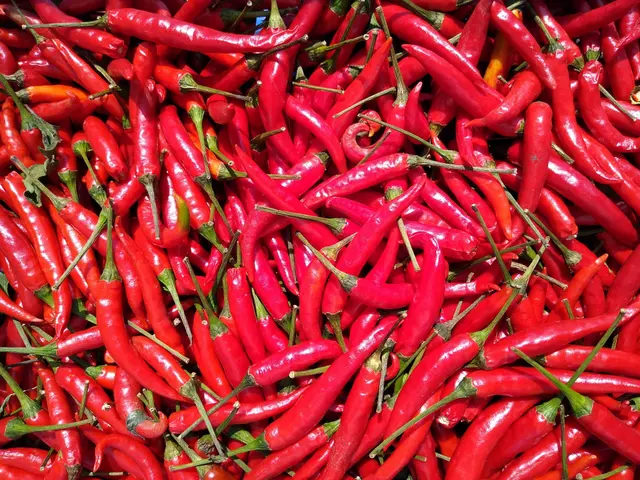 The image shows a pile of red hot chili peppers sitting on top of each other. The peppers are...