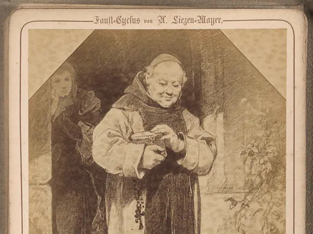 The image shows a black and white drawing of a man in a monk's robes, standing in front of a wall...