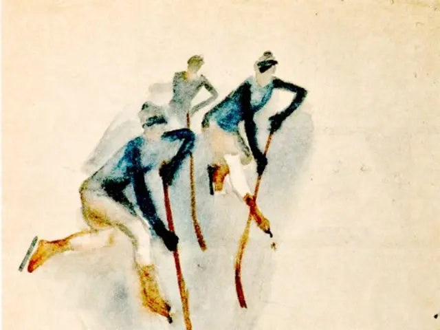 The image shows a painting of a group of people playing field hockey, each holding a hockey stick...