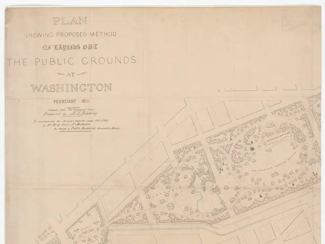 The image shows a paper with a plan of the public grounds at Washington, with text written on it....