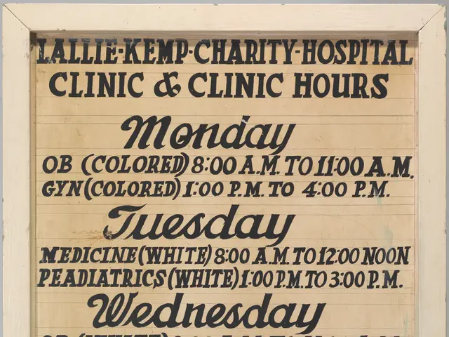 The image shows a poster with the text "Lallie Kemp Charity Hospital Clinic & Clinic Hours" printed...