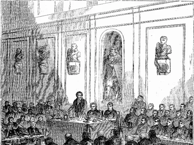 The image shows a black and white drawing of a courtroom, with a group of people sitting in chairs...